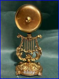 Antique Brass Hotel Bell Hop Ornate Base Counter Servant Harp Cherub Victorian
