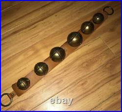 Antique Brass Jingle Sleigh Bells on a Primitive Leather Strap 6 Bells 26