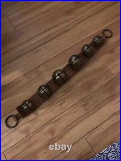 Antique Brass Jingle Sleigh Bells on a Primitive Leather Strap 6 Bells 26