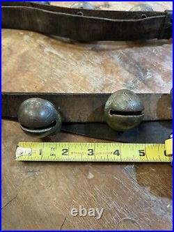 Antique Brass Open Horse Jumbo Sleigh Bells On Leather Strap 20 Bells Total