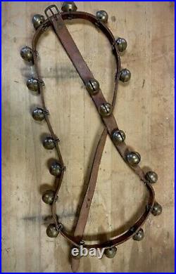 Antique Brass Open Horse Sleigh Bells On Leather 21 Bells Total