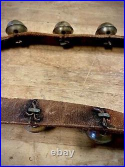 Antique Brass Open Horse Sleigh Bells On Leather 21 Bells Total