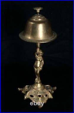 Antique Brass Ornate Hotel Reception Bell Customer Service 10 Nude Cherub (R2)