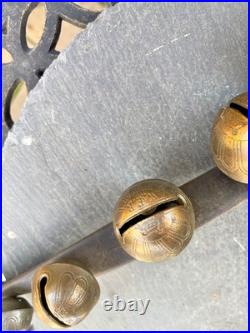Antique Brass Petal Sleigh Bell Strap W. E. Barton WEB Running Horse 1880s Antique Brass Petal Sleigh Bell Strap W. E. Barton WEB Running Horse 1880s