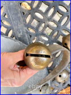 Antique Brass Petal Sleigh Bell Strap W. E. Barton WEB Running Horse 1880s Antique Brass Petal Sleigh Bell Strap W. E. Barton WEB Running Horse 1880s