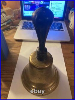 Antique Brass School Bell 10 Inches! Wood Handle Country Hand Heavy! 1850-1890