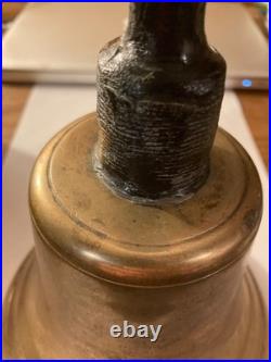 Antique Brass School Bell 10 Inches! Wood Handle Country Hand Heavy! 1850-1890