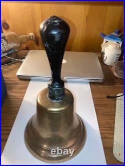 Antique Brass School Bell 10 Inches! Wood Handle Country Hand Heavy! 1850-1890