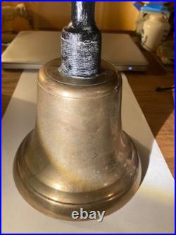 Antique Brass School Bell 10 Inches! Wood Handle Country Hand Heavy! 1850-1890