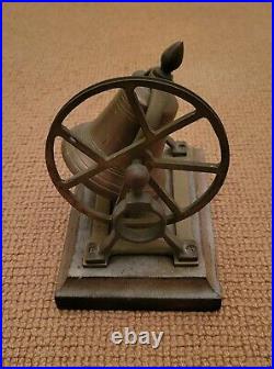 Antique Brass Ship's Bell with Pulley Wheel on Wood Base for Desk Mantle or