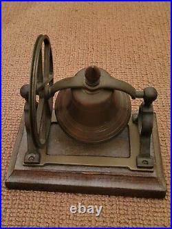 Antique Brass Ship's Bell with Pulley Wheel on Wood Base for Desk Mantle or