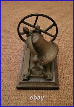 Antique Brass Ship's Bell with Pulley Wheel on Wood Base for Desk Mantle or