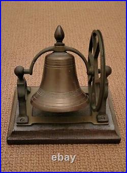 Antique Brass Ship's Bell with Pulley Wheel on Wood Base for Desk Mantle or