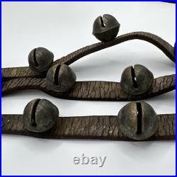 Antique Brass Sleigh Bells 13 Bells Leather Straps Early 1900s Horse Christmas