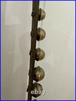 Antique Brass Sleigh Bells 23 Graduated Bells on 92 Leather Strap Petal Design