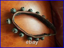 Antique Brass Sleigh Bells HORSE grelot LEATHER STRAP art craft primitive