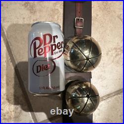 Antique Brass Sleigh Bells HUGE Graduated Pristine Leather Strap Christmas Vtg