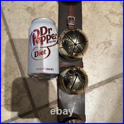 Antique Brass Sleigh Bells HUGE Graduated Pristine Leather Strap Christmas Vtg