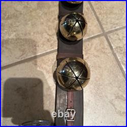 Antique Brass Sleigh Bells HUGE Graduated Pristine Leather Strap Christmas Vtg