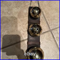 Antique Brass Sleigh Bells HUGE Graduated Pristine Leather Strap Christmas Vtg