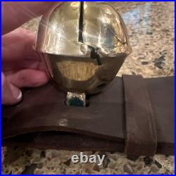 Antique Brass Sleigh Bells HUGE Graduated Pristine Leather Strap Christmas Vtg