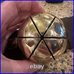 Antique Brass Sleigh Bells HUGE Graduated Pristine Leather Strap Christmas Vtg