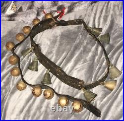 Antique Brass Sleigh Bells Leather Strap Buckle Straw Padding Xmas Jingle Bells