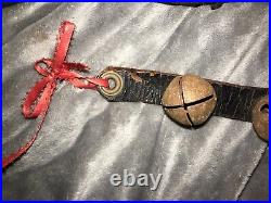 Antique Brass Sleigh Bells Leather Strap Buckle Straw Padding Xmas Jingle Bells