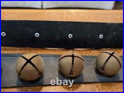 Antique Brass Sleigh Bells On Black Leather Strap Small Silver Metal Buckle