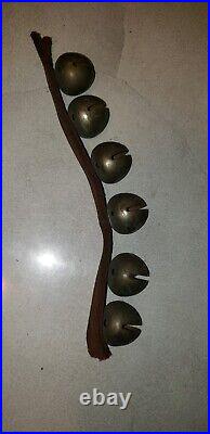 Antique Brass Sleigh Bells On Leather 1800s