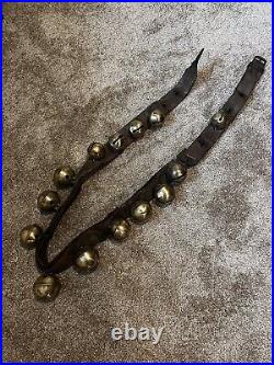 Antique Brass Sleigh Bells On Leather Strip 80