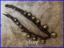 Antique Brass Sleigh Bells On Leather Strip 80