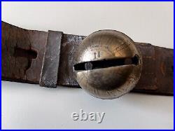 Antique Brass Sleigh Bells On Leather Strip 80