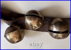 Antique Brass Sleigh Bells On Leather Strip 80