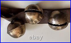 Antique Brass Sleigh Bells On Leather Strip 80