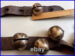 Antique Brass Sleigh Bells On Leather Strip 80