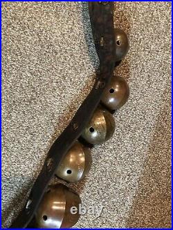 Antique Brass Sleigh Bells On Strap- # 1-18 Petal Bells