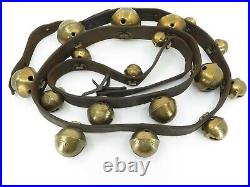 Antique Brass Sleigh Bells on Leather Strap, 18 Petal Bells