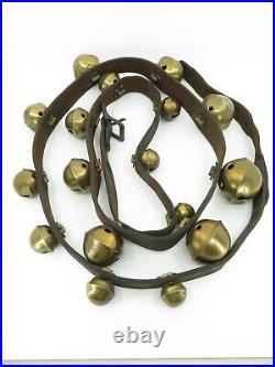 Antique Brass Sleigh Bells on Leather Strap, 18 Petal Bells