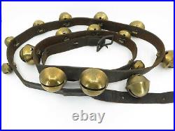 Antique Brass Sleigh Bells on Leather Strap, 18 Petal Bells