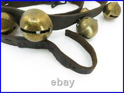 Antique Brass Sleigh Bells on Leather Strap, 18 Petal Bells