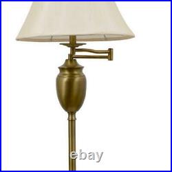 Antique Brass Swing Arm Floor Lamp 59 in. With Round Faux Silk Shade Traditional