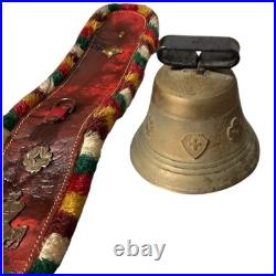 Antique Brass Swiss Cow Bell Large 4 Vintage Red Leather Strap With Medallions