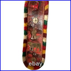 Antique Brass Swiss Cow Bell Large 4 Vintage Red Leather Strap With Medallions