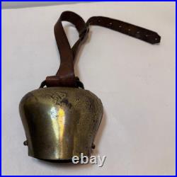 Antique Brass Swiss Cow Bell With Leather Strap 5 Tall