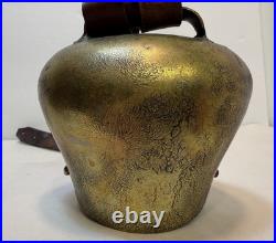Antique Brass Swiss Cow Bell With Leather Strap 5 Tall