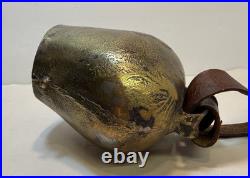 Antique Brass Swiss Cow Bell With Leather Strap 5 Tall