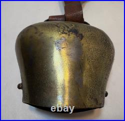 Antique Brass Swiss Cow Bell With Leather Strap 5 Tall