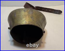 Antique Brass Swiss Cow Bell With Leather Strap 5 Tall