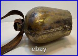 Antique Brass Swiss Cow Bell With Leather Strap 5 Tall
